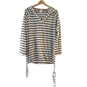 Kona Sol Stripe Swim Cover Up Hoodie Size S White Raglan Kangaroo Pocket Tie Hem